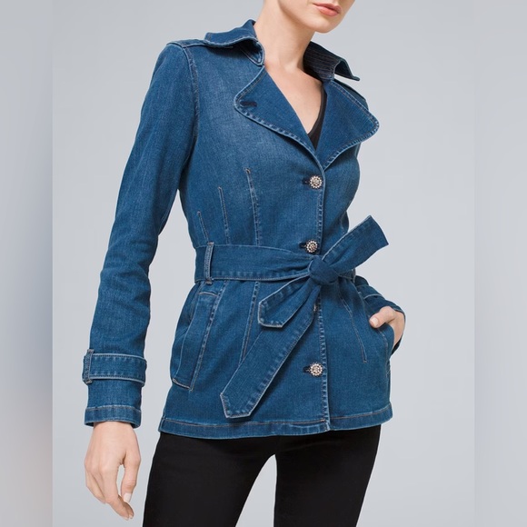 White House Black Market Jackets & Blazers - White House Black Market Belted Denim Trench Jacket, L, w/ Rhinestone Buttons